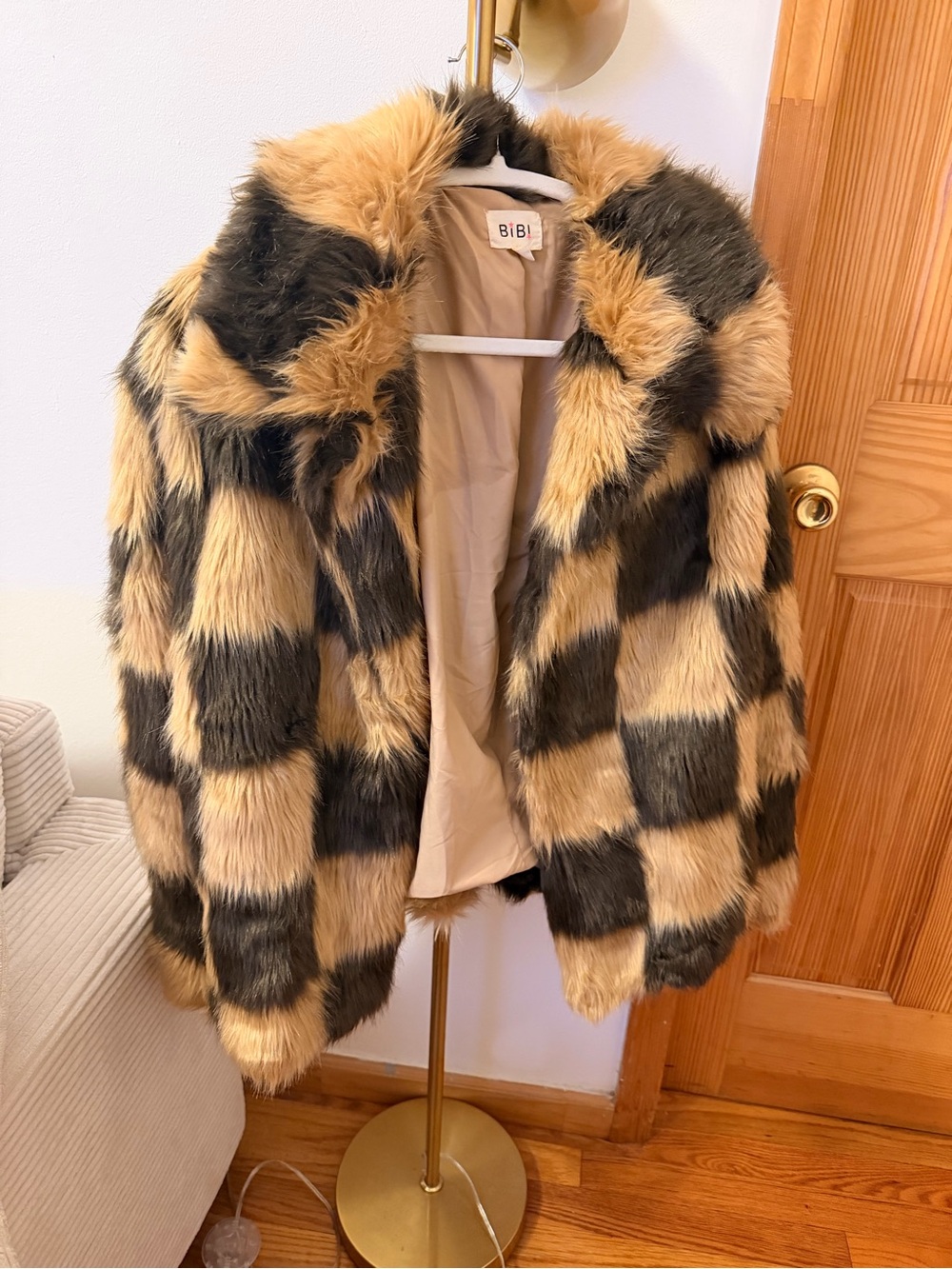 BiBi Checkerboard Faux Fur Jacket in Tan and Black